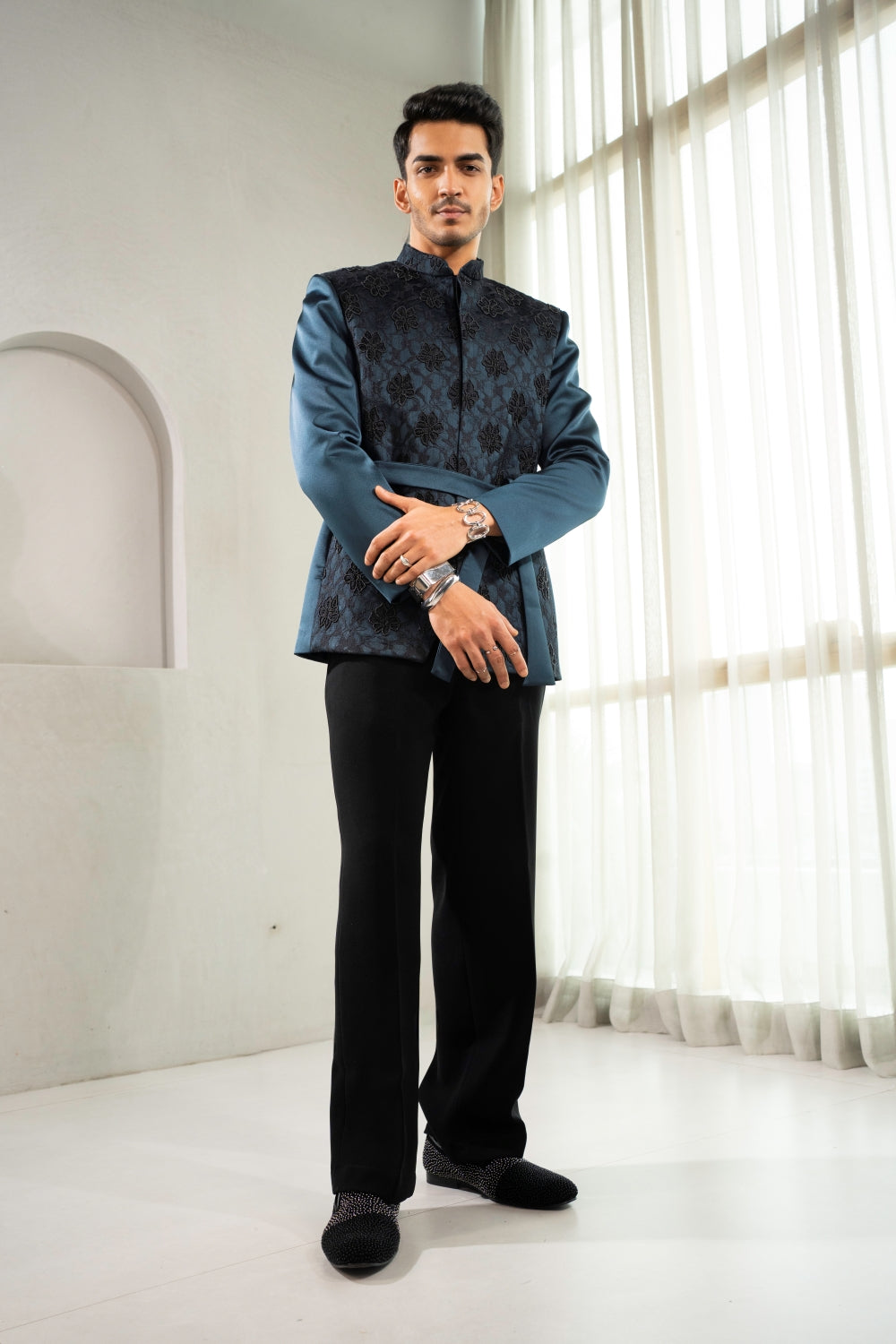 Midnight Green Jacquard Bandhgala