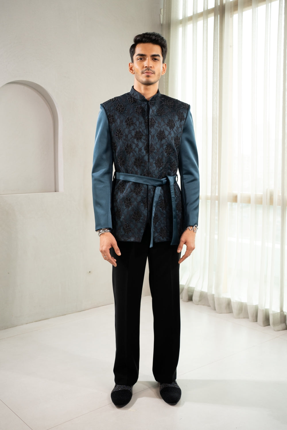 Midnight Green Jacquard Bandhgala