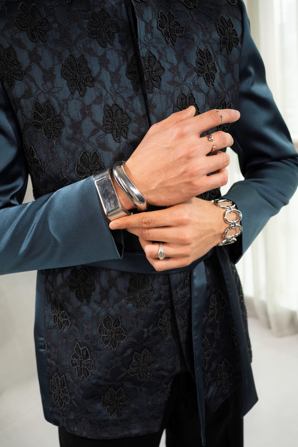 Midnight Green Jacquard Bandhgala